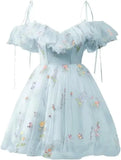 Blumenstickerei Tüll Kurze Heimkehrkleider für Teenager Mini Fee V-Ausschnitt Formales Abschlussball-Cocktailpartykleid 2025 