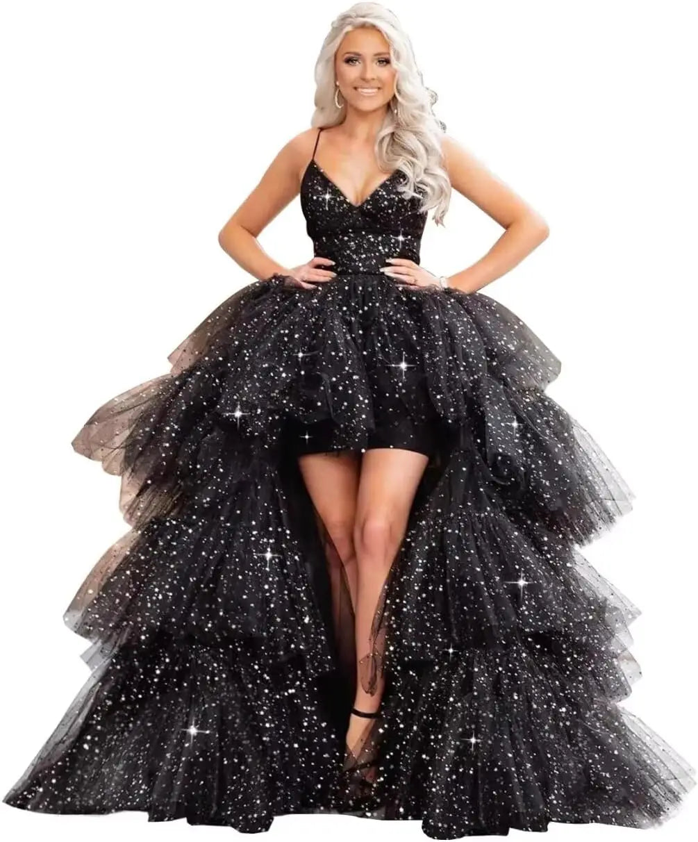 High Low Pailletten Tüll Ballkleider Mehrlagiges Romantisches Ballkleid für Damen Funkelndes Abendkleid Abendkleider 