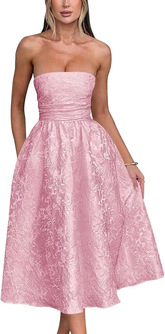 Floral Jacquard Satin Tea Length Prom Dresses for Women A Line Strapless Midi Corset Formal Evening Party Gown Bridesmaid Dress