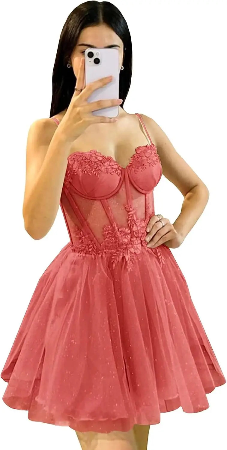 Glitter Tulle Homecoming Dress 3D Flowers Spaghetti Straps Short Prom Dresses for Teens cocktail dresses  mini dress