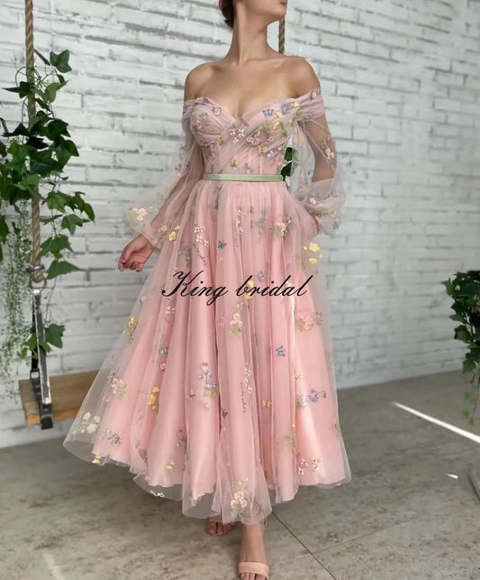 Bridesmaid Dress Long Sleeve Flower Embroidery Lace Tulle Prom Dresses for Women A Line Fairy Maxi Formal Evening Party Gowns