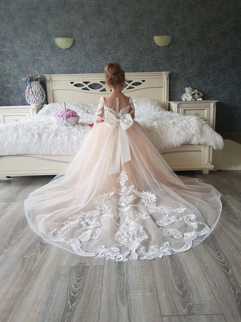 Vestido de niña de flores de tul para fiesta de bodas, vestido de primera comunión, vestido de tutú de encaje con cola, vestido de baile de niña, apliques de marfil con lazos 
