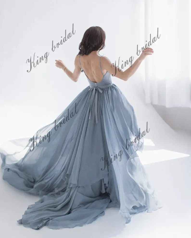 Silk blue and gray boning Chiffon wedding gown Modern wedding dress prom party dresses formal dress women elegant