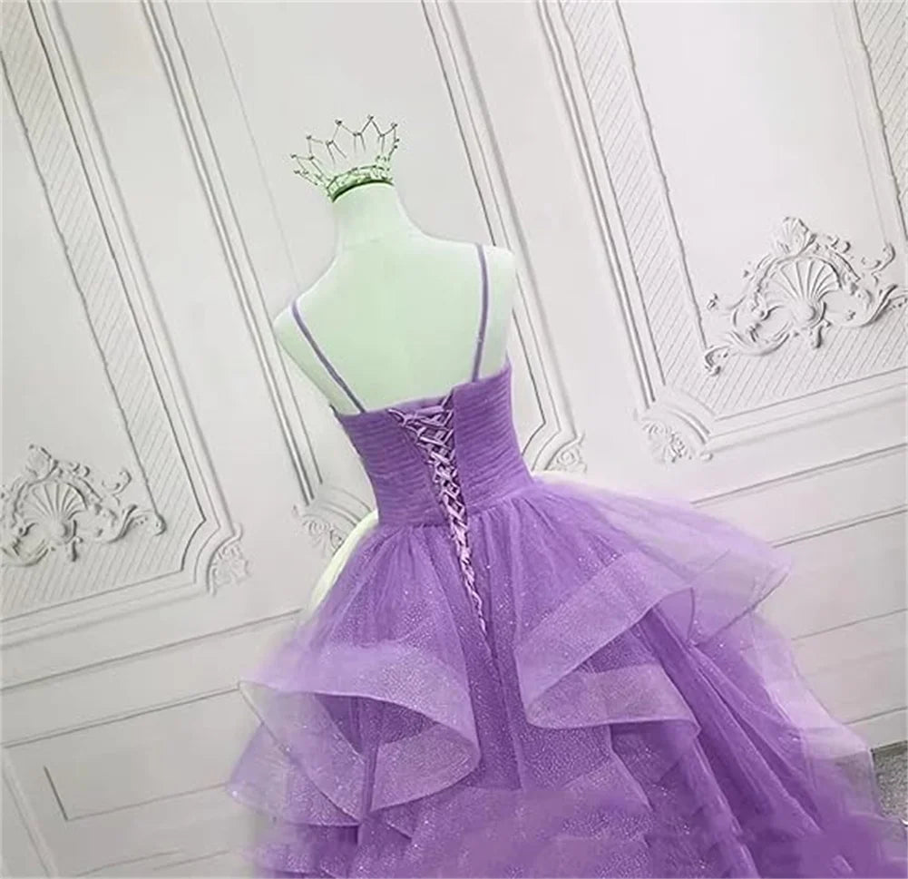 Customized V Neck Glitter Tulle Long Prom Dresses Spaghetti Straps Ball Gown For Women Puffy Tiered Formal Evening Party Dresses