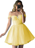 Vestidos de fiesta de tul brillante con hombros descubiertos, vestidos de fiesta cortos para adolescentes, vestido de cóctel de corte A con escote en forma de corazón y vuelo. 