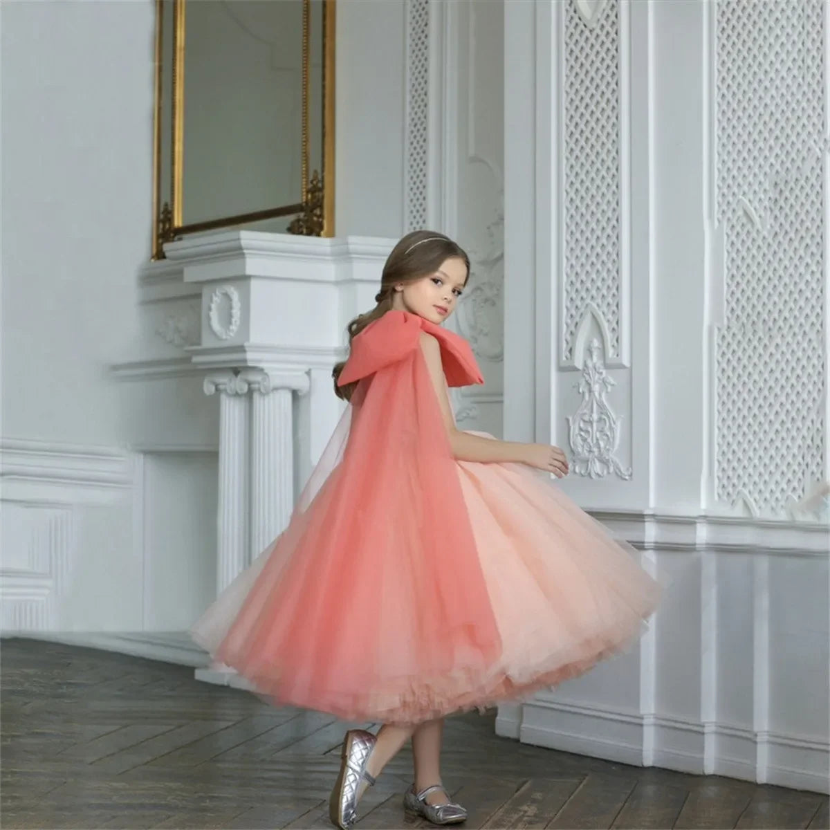 With Bow Tulle Ribbon Tea Length Girl Kids Birthday Party First Holy Communion Gowns Elegant Flower Girl Dresses for Wedding