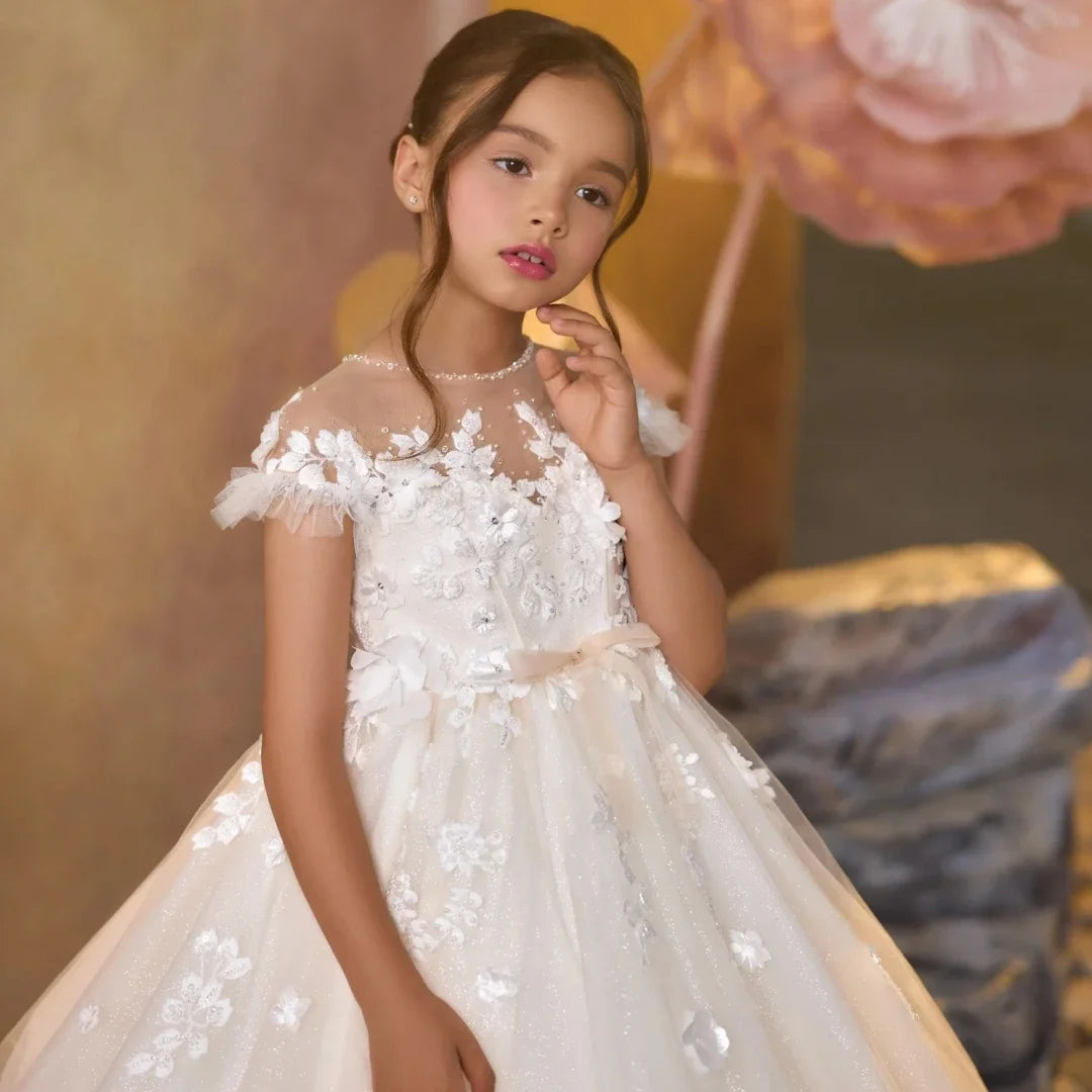 White Tulle Appliques With Trailing Short Sleeve For Wedding Birthday Party Banquet Princess Gown Customized Flower Girl Dresses