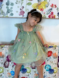 Vestido de tul con flores, vestido verde con flores, vestido para primer cumpleaños, vestidos de fotos para niñas pequeñas, vestido de princesa con mangas con volantes para niñas. 