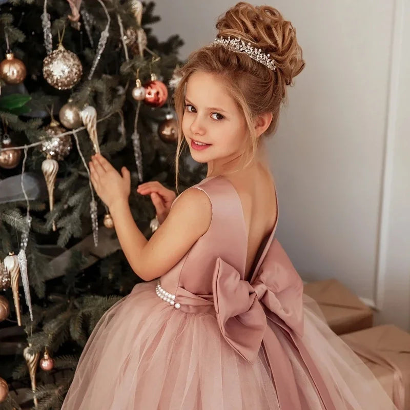 Dusty Pink Pearls Belt With Bow For Wedding Birthday Banquet Prom Ball Holy Communion Gowns Customized Flower Girls Dress