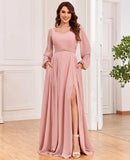 Damen Langarm Brautjungfernkleider mit Taschen Split Plissee Chiffon Formales Abendkleid Partykleid formelles Kleid Frauen elegant 