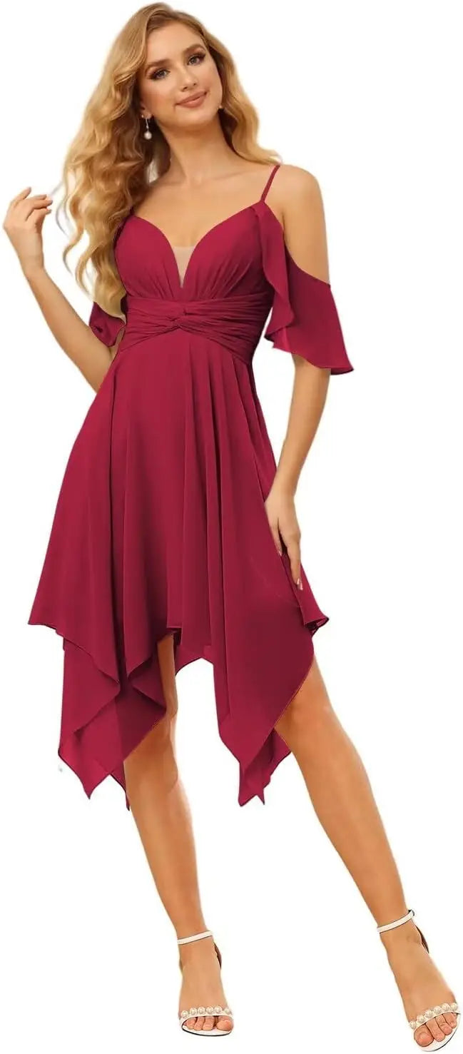 Women's Off Shoulder Chiffon Junior Bridesmaid Dresses Short Pockets Ruffle A Line Formal Dresses with Slit Wedding Party Gown
