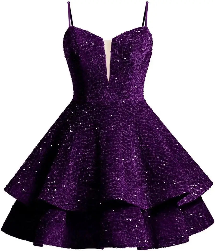 Vestidos de fiesta cortos con lentejuelas brillantes para adolescentes, de Pretty Girls Club, 2025, con tirantes finos, minivestido de cóctel formal con capas 