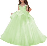 Vestido de niña de flores de tul con apliques de princesa, falda de tul abullonada, vestidos sin mangas para desfiles infantiles, vestidos de baile 