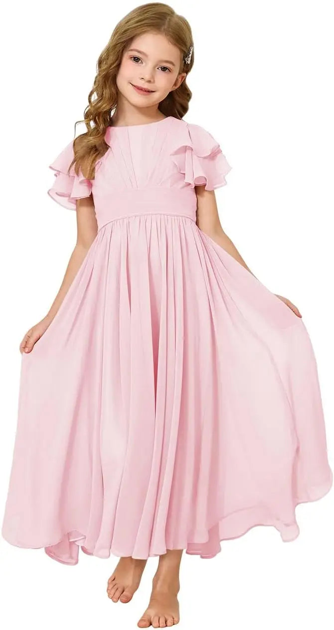Flower Girl Maxi Dress for Wedding Bridesmaids Flowy Chiffon Teens Ruffle Sleeve Formal Party Pageant Gown princess dress