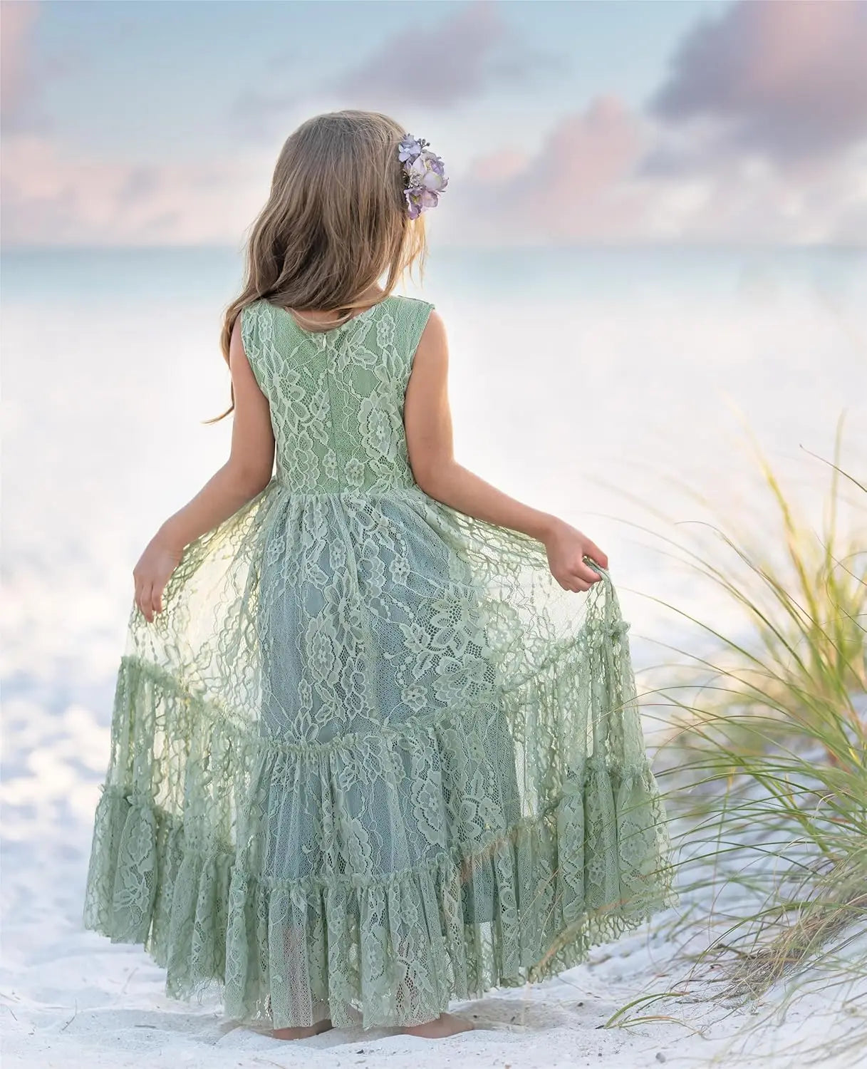 Blumenmädchenkleid Spitze Boho Kleinkindkleider Rüschen Mädchenkleid für Hochzeit Gartenparty Urlaub Kommunion Ärmellos Prinzessin 
