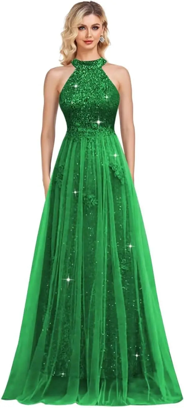 Vestidos de fiesta de lentejuelas con cuello halter y flores, hechos a medida, 2025, de tul brillante, corte A, para boda, fiesta formal de noche 