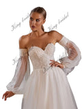Vestido de novia de corte A con hombros descubiertos, mangas bohemias desmontables, corsé drapeado con cuentas, falda de tul en capas, vestido de novia personalizado 