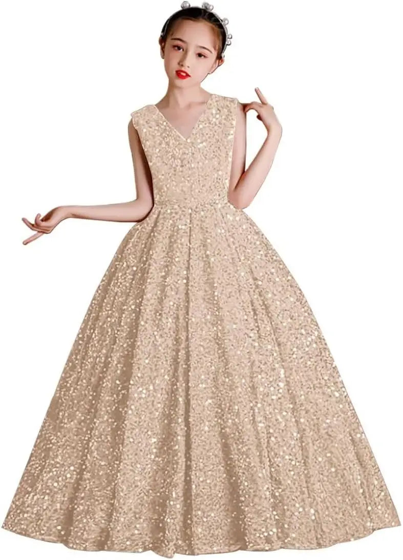 Vestidos de desfile con lentejuelas y cuello en V para niñas, vestidos de baile brillantes para niñas de las flores, vestidos de princesa para niñas pequeñas, vestido de comunión 