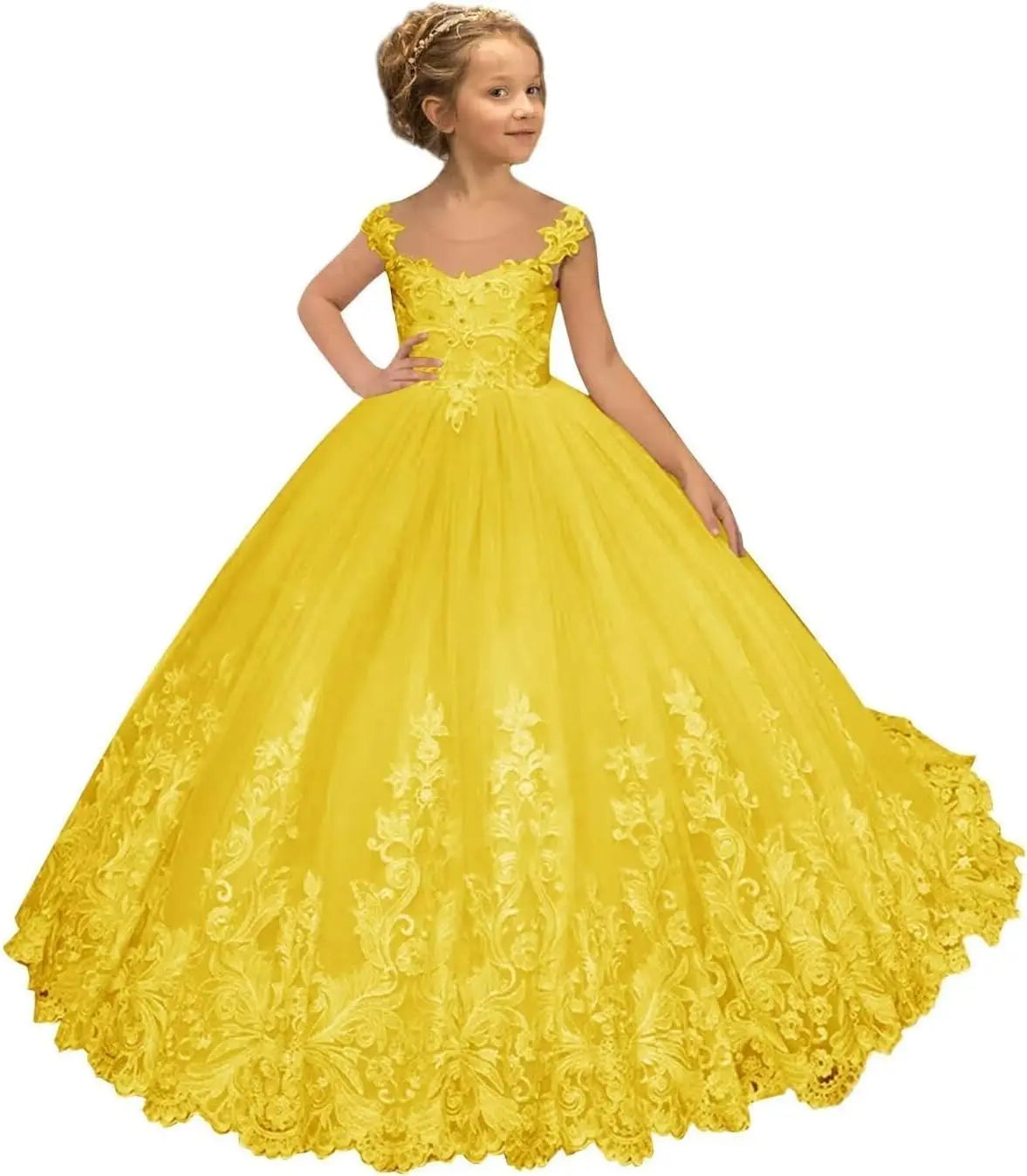 Flower Girl Dress for Weeding Tulle Pageant Dress Lace Appliques Princess Long Ball Gowns for Girls girls dresses for wedding