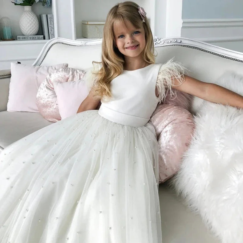 White Tulle Pearls With Bow Feather Sleeveless For Wedding Birthday Party Holy Communion Gowns Customized Flower Girl Dresses