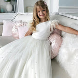 White Tulle Pearls With Bow Feather Sleeveless For Wedding Birthday Party Holy Communion Gowns Customized Flower Girl Dresses