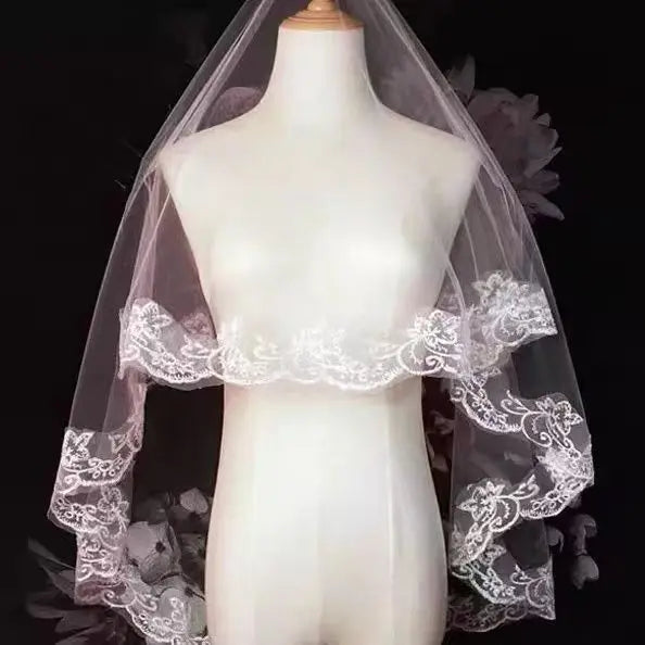 White Ivory Red Black Bridal Veil Lace Short Elbow Wedding Tulle Appliques Embroidery Edge Long Cathedral Bride Veils 1.4M 265cm