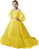 Vestidos de niña de las flores con mangas abullonadas para boda, vestidos de desfile de tul con hombros descubiertos, vestido de línea A para niña pequeña con cinturón, vestido para niña bebé 