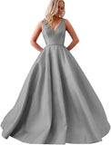 Satin A Line Wedding Dresses for Bride V Neck Prom Dresses with Pockets Simple Long Ball Gowns