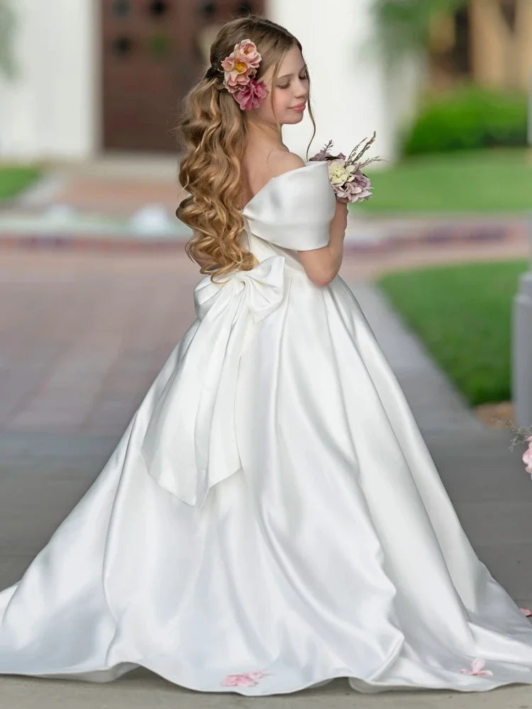 Vestido de satén blanco con lazo, manga corta, para boda, fiesta de cumpleaños, banquete, princesa, comunión, personalizado, para niña de las flores 