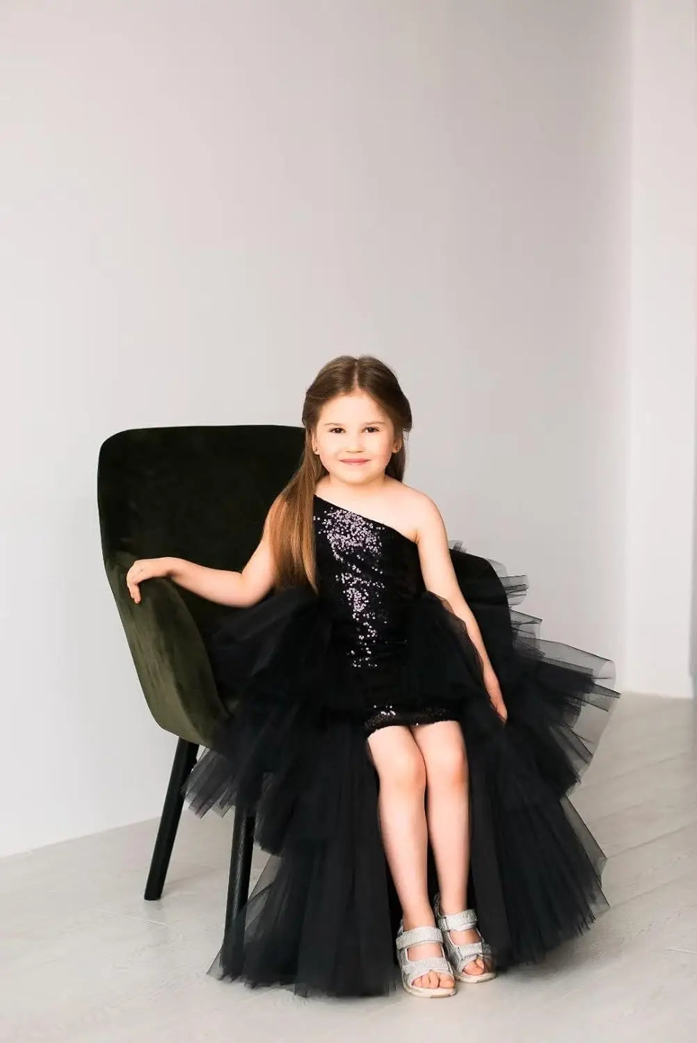 One Shoulder Sequin Pagent Dresses Girls Tulle Ball Gown Layered High Low Flower Girl Dress for Wedding princess dress