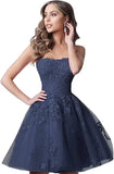 Spitzen-Heimkehrkleider, kurz, A-Linie, trägerlos, formelle Cocktailparty-Kleider, Abschlussballkleid, Ballkleider, Minikleid 