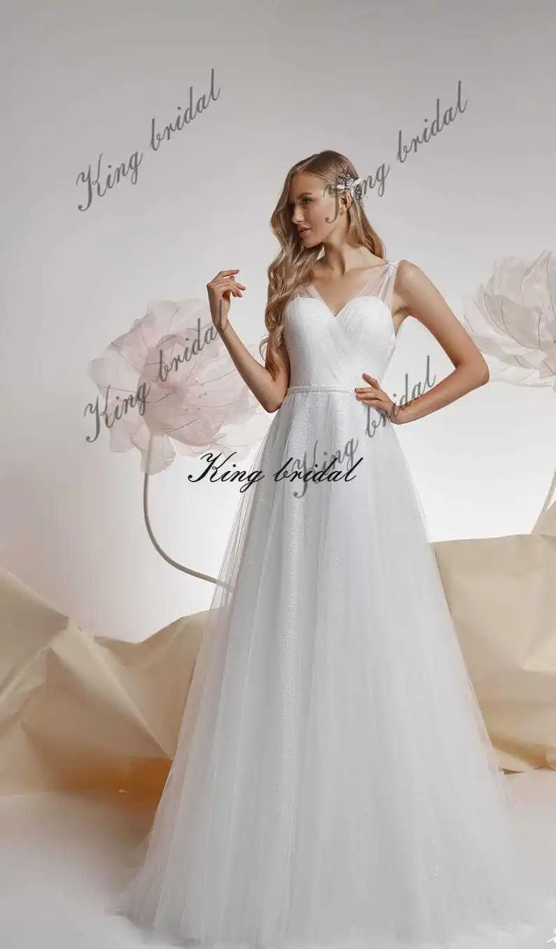 Vestido de novia de tul con puntos y purpurina personalizado, vestidos de novia de tul brillante, elegantes vestidos de novia con corsé, vestido de novia drapeado personalizado. 