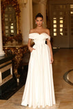 Damen Schulterfreies Satin-Ballkleid, lang, V-Ausschnitt, A-Linie, formelles Abendkleid mit Taschen, Ballkleid 