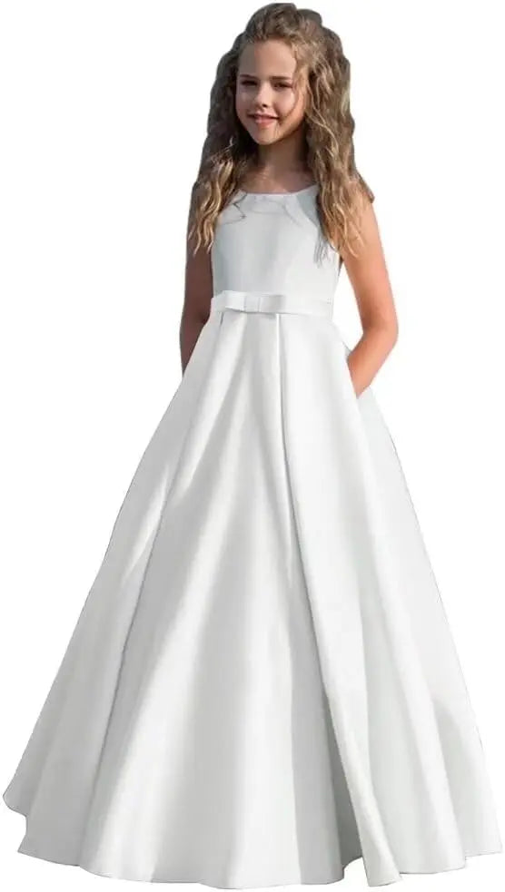 Satin Blumenmädchenkleid Erstkommunionkleid Kinder Hochzeit Ballkleider Prinzessin Party Mädchen Festzugskleider für Mädchen 