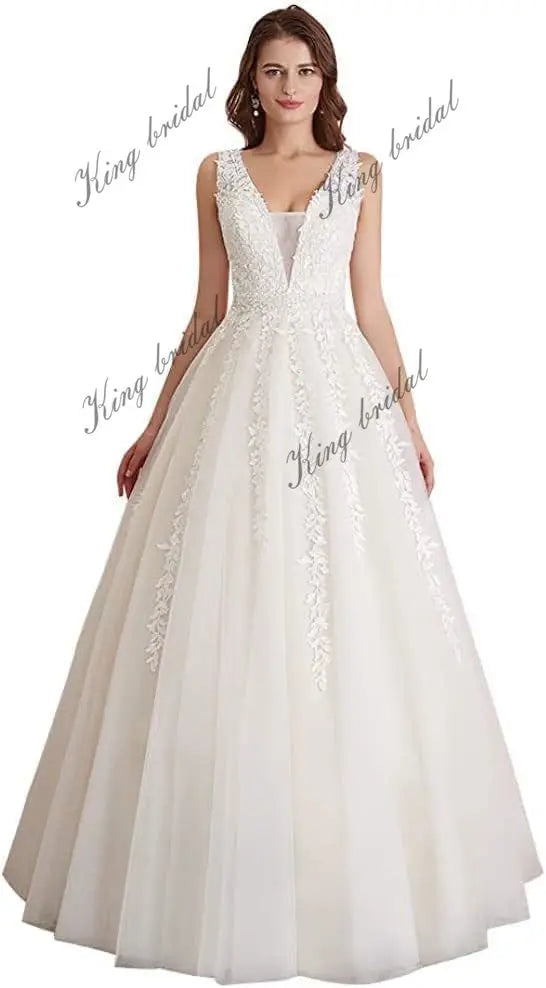 Women's Tulle Floor Length A Line Wedding Dress for Bride Lace Applique Evening Dress V Neck Straps Ball Gowns