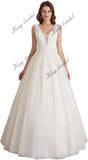 Women's Tulle Floor Length A Line Wedding Dress for Bride Lace Applique Evening Dress V Neck Straps Ball Gowns