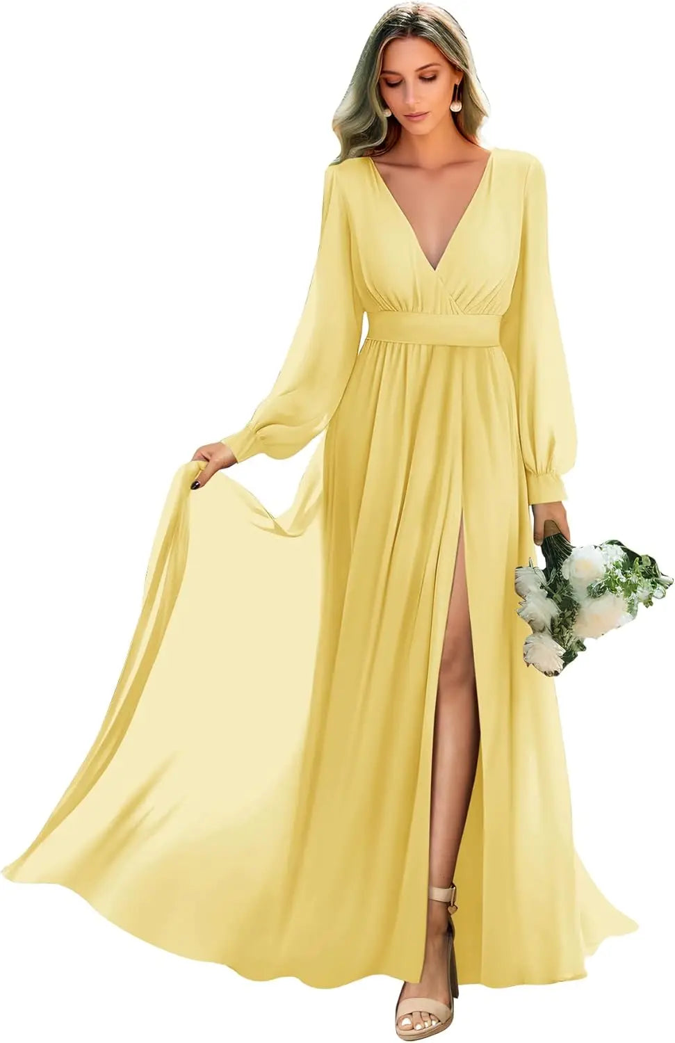 Long Sleeve Bridesmaid Dresses with Slit Pleated Wedding Party Gowns V Neck Chiffon Long Formal Dress evening dress