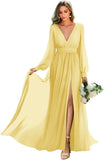 Long Sleeve Bridesmaid Dresses with Slit Pleated Wedding Party Gowns V Neck Chiffon Long Formal Dress evening dress