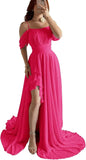 Elegantes schulterfreies Chiffon-Ballkleid für Brautjungfern mit Schlitz, lang, A-Linie, plissierte Rüschen, formelles Abendkleid für Damen 
