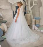 Princess Dress Tulle Lace Flower Girl Dress for Wedding Applique Princess Pageant Dress Long Party Ball Gown with Cape Sleeves