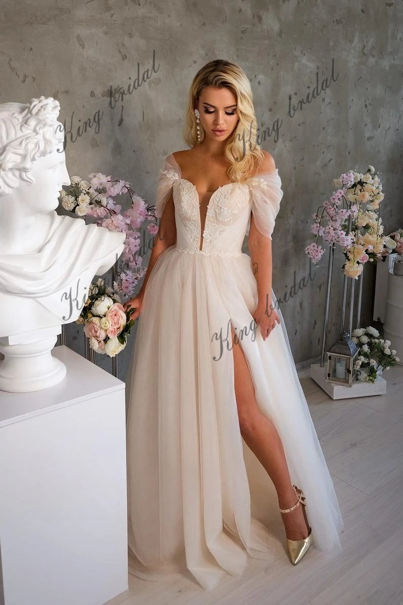 tulle floral lace fairy wedding dress. Modern bridal lace-up corset ball gown. Unique A line wedding dress with sexy deep V neck