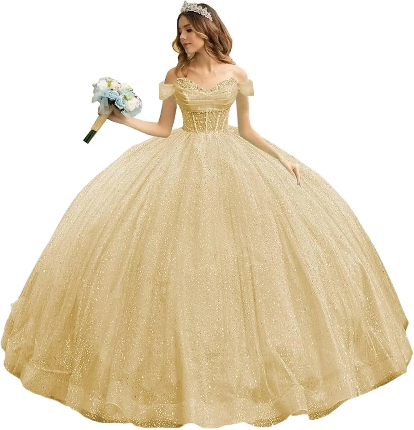 Tulle Quinceanera Dresses with Bow Puffy Off Shoulder Sweet 16 Dresses Sparkly Crystal Quince Dress with Train