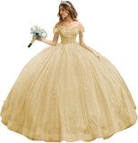 Tulle Quinceanera Dresses with Bow Puffy Off Shoulder Sweet 16 Dresses Sparkly Crystal Quince Dress with Train