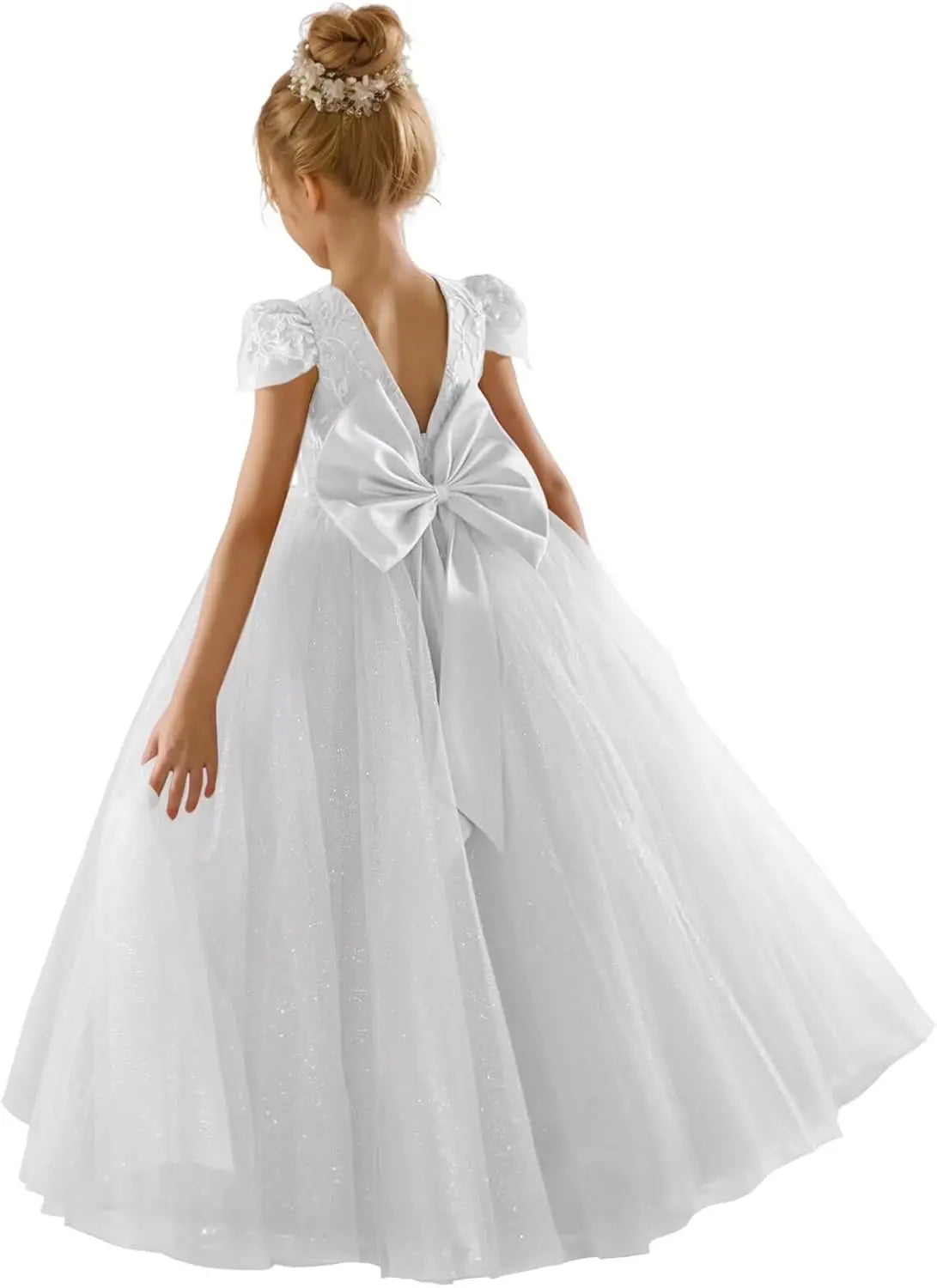 Flower Girls Dress Lace Cap Sleeve Dress for Wedding Puffy Tulle Back V-Neck Pageant Prom Ball Gown with Bow  for weddings Gowns