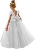 Flower Girls Lace Cap Sleeve Dress for Wedding Puffy Tulle Back V-Neck Pageant Prom Ball Gown with Bow princess dress