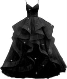 Customized V Neck Glitter Tulle Long Prom Dresses Spaghetti Straps Ball Gown For Women Puffy Tiered Formal Evening Party Dresses