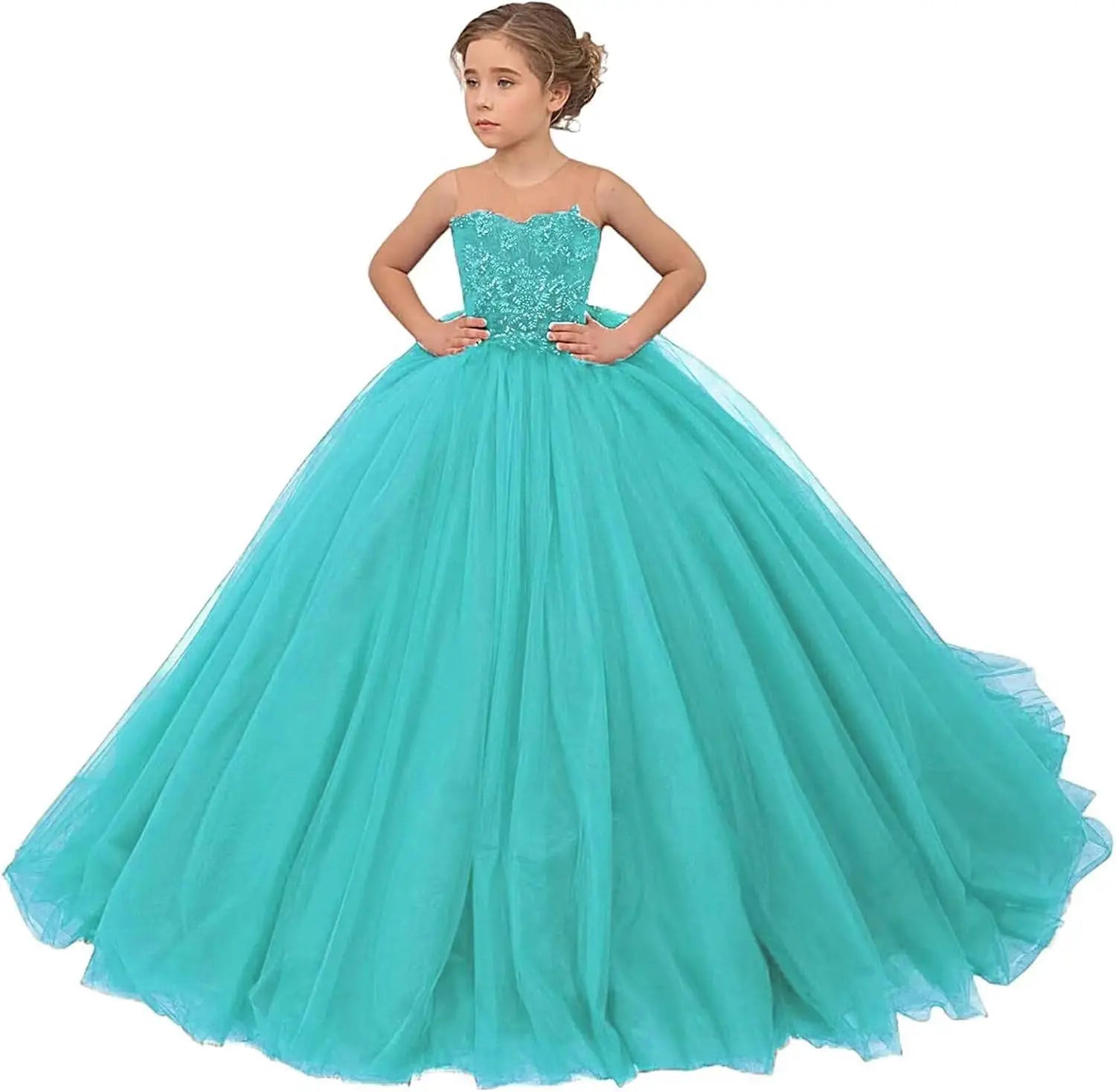 Tulle Flower Girls Dresses Lace Appliques Long Formal Princess Wedding Pageant Ball Gowns for Children