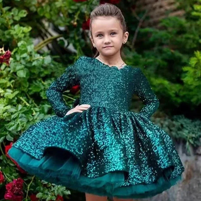 Vestido de princesa con cuello en V para niña, para fiesta de cumpleaños, primera comunión, precioso vestido de niña de las flores para boda, lazo, lentejuelas, volantes 