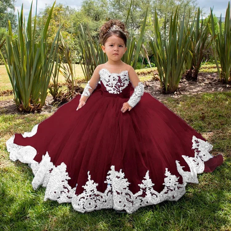 Volle Ärmel Bodenlangen Elegante Mädchen Kinder Geburtstag Party Kommunion Party Kleid Spitze Applikationen Blumenmädchen Kleider für Hochzeit 