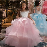 Vestidos de tul rosa con apliques blancos escalonados y sin mangas para bodas, fiestas de cumpleaños, primera comunión y niñas de las flores. 